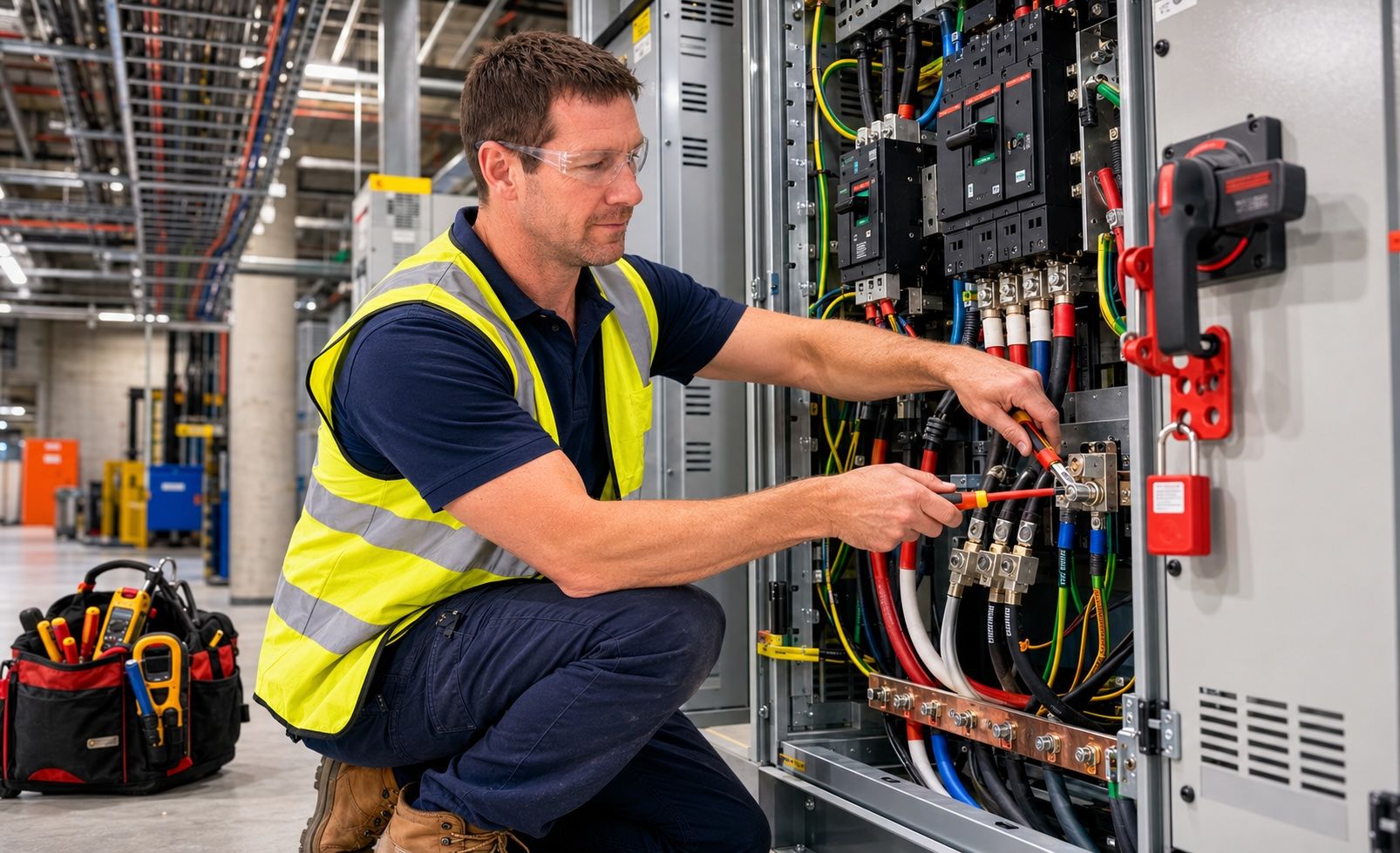 Commercial electrician working on a three-phase distribution board