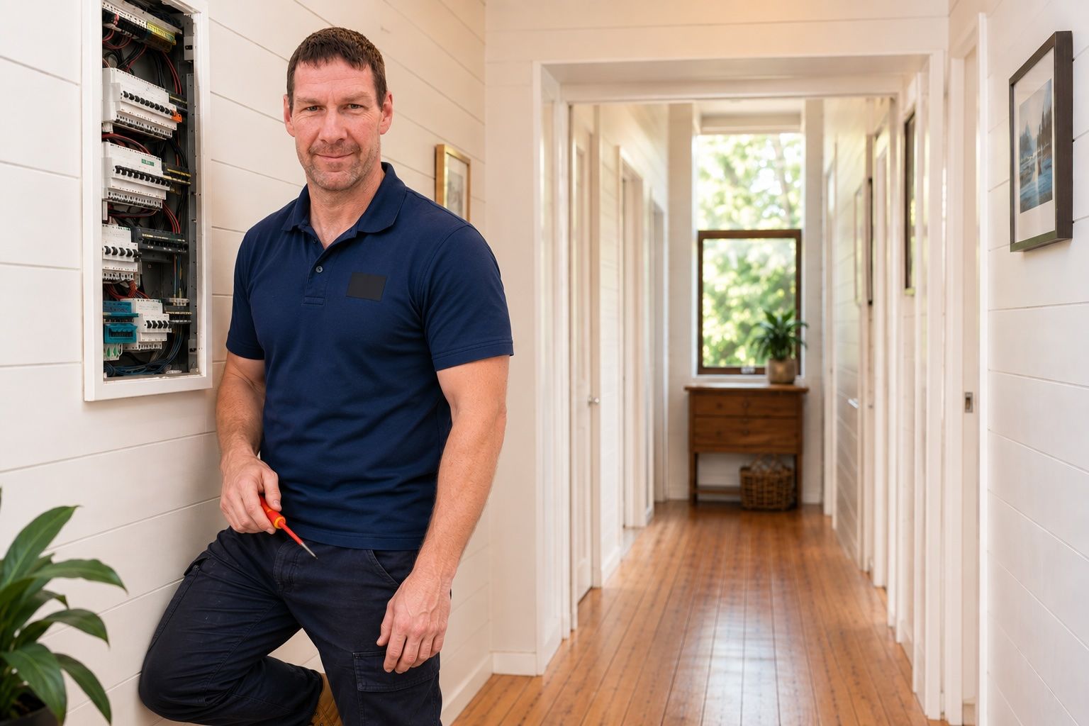 Licensed electrician working on a home switchboard in Melbourne's east