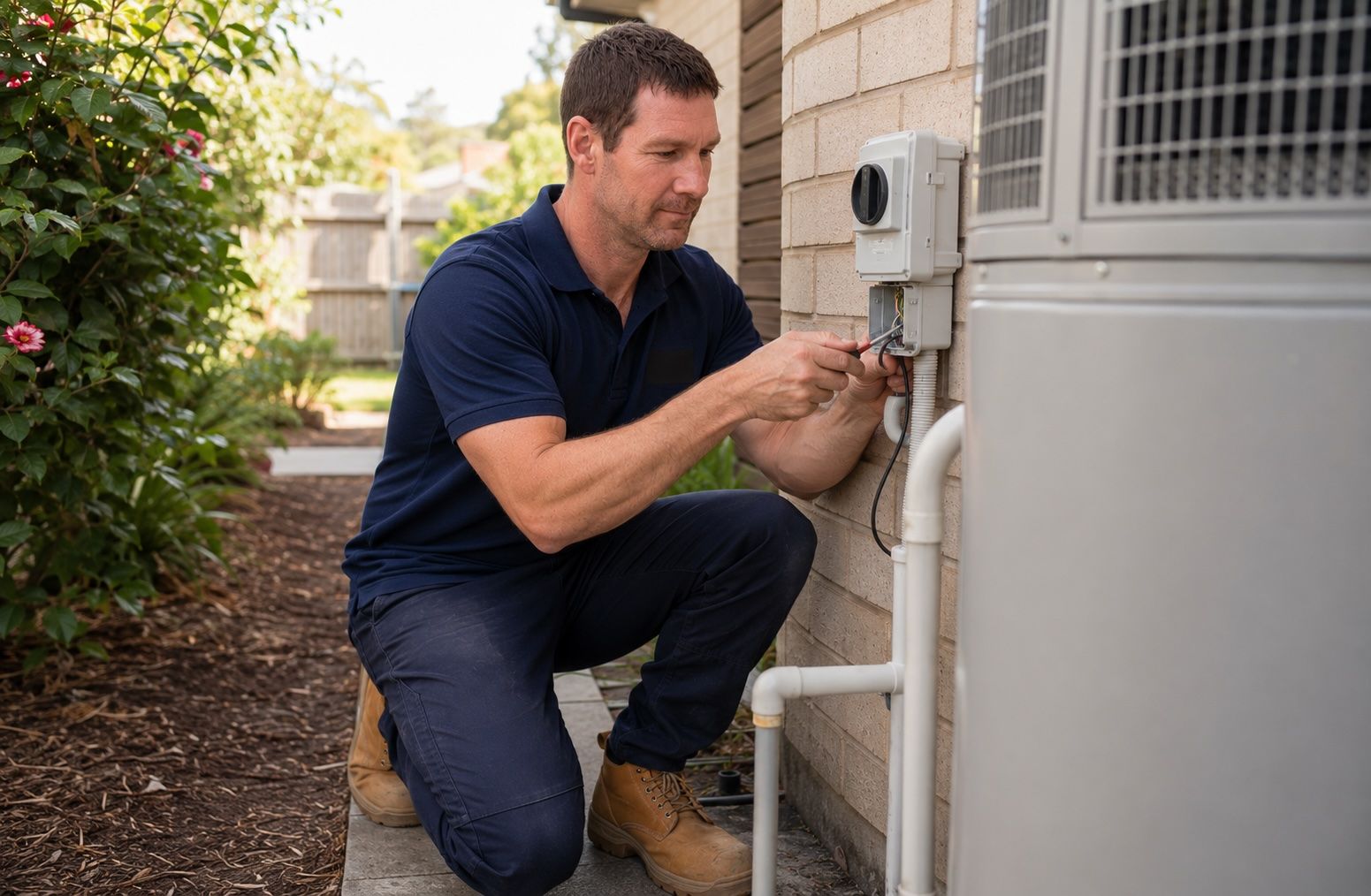 Electrician wiring a heat pump hot water system
