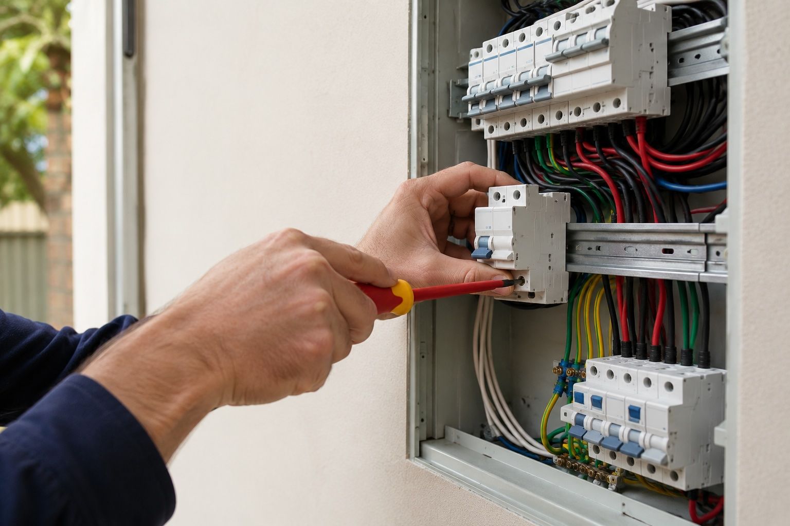 Electrician installing safety switches during a switchboard upgrade